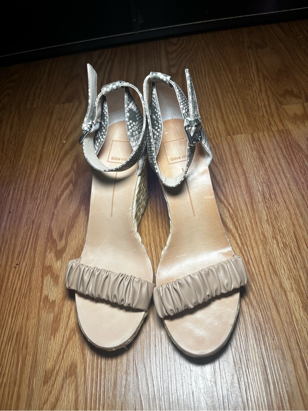Dolce Vita Neutral Beige Ruched Front Wedge Sandals with Snakeskin Ankle Strap